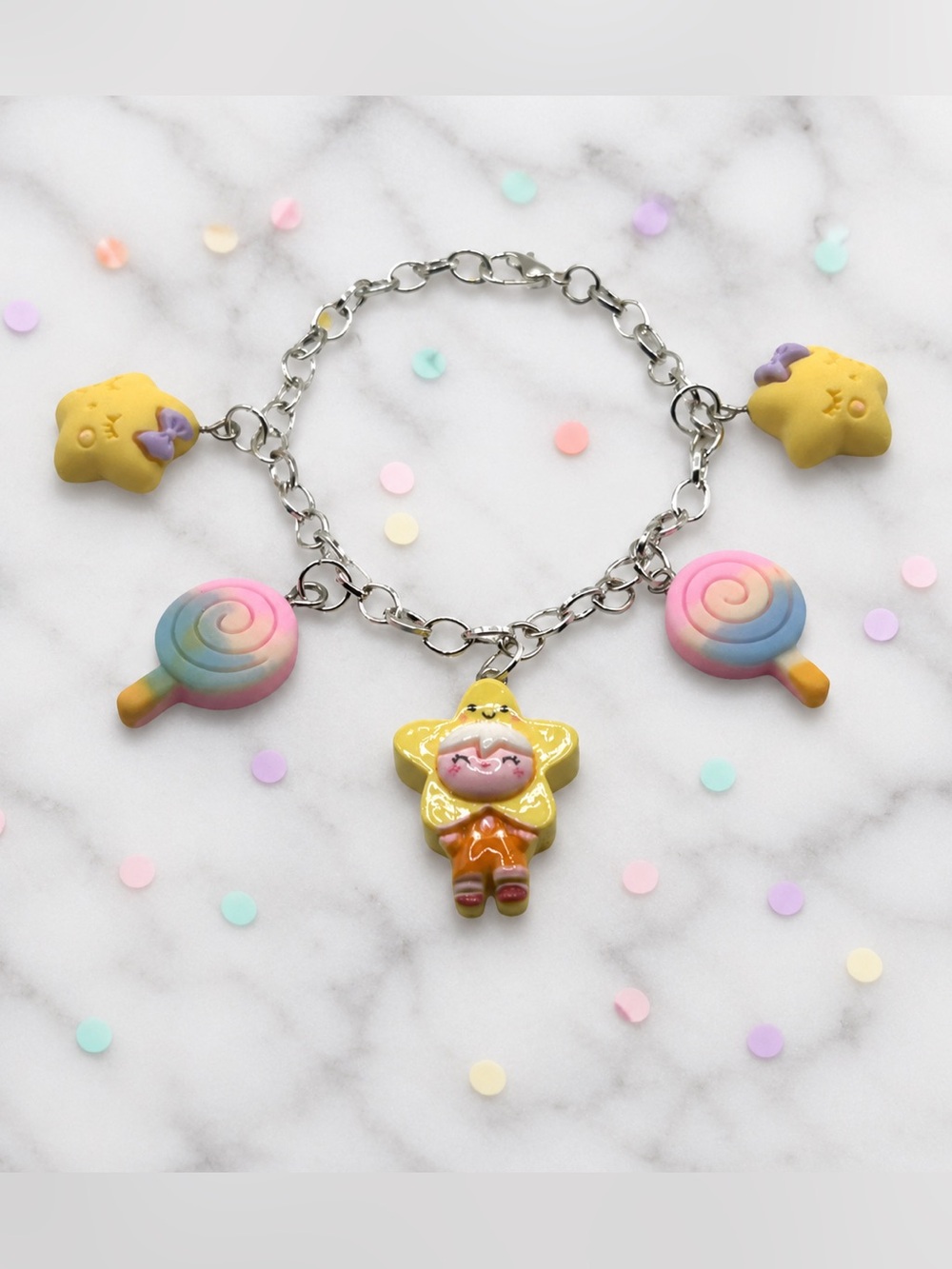 Yellow Star Charm Bracelet for Kids with Pastel Lollipop Accents